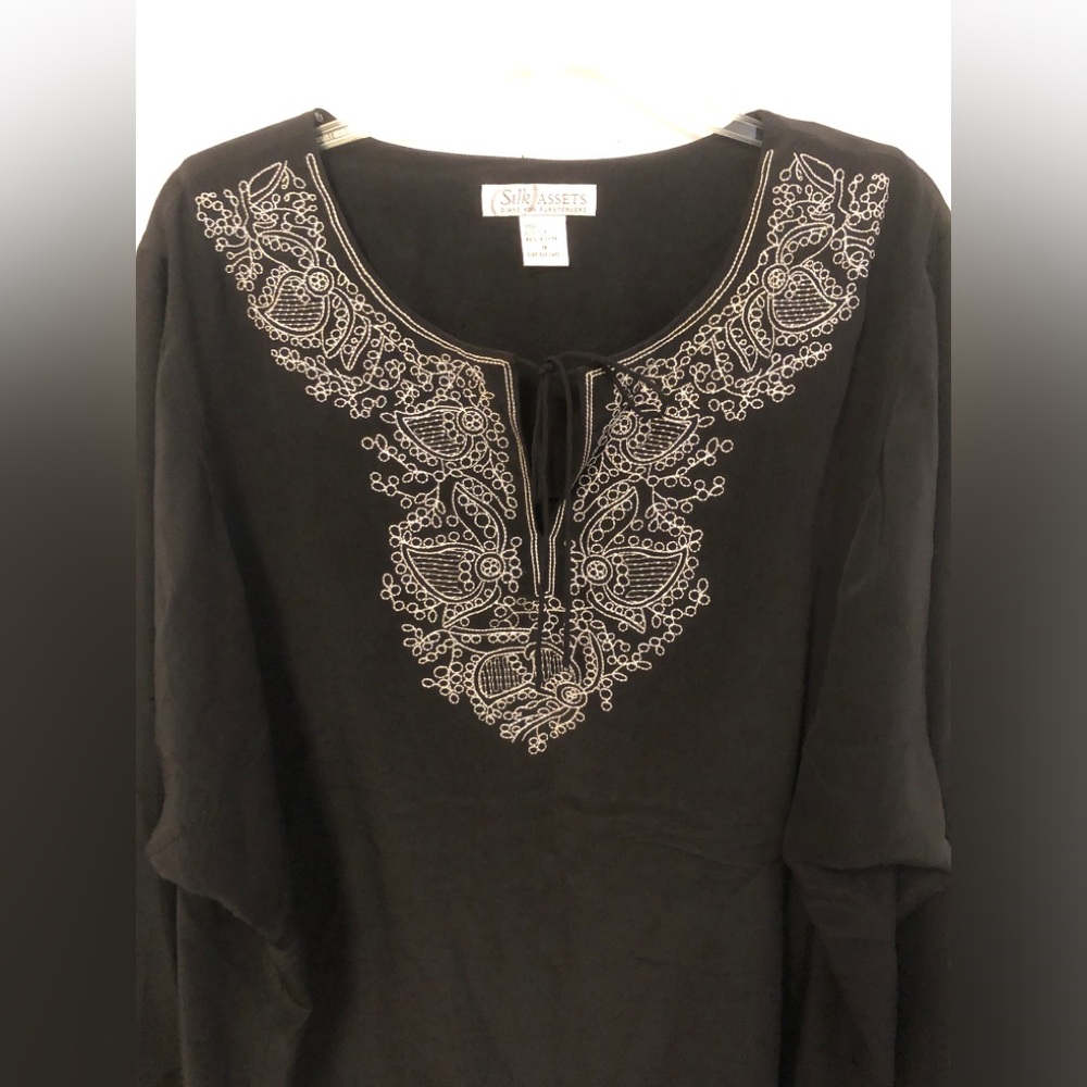 VTG Diane von Furstenberg Silk Black Tunic White Embroidery Boho Plus size - Picture 2 of 14